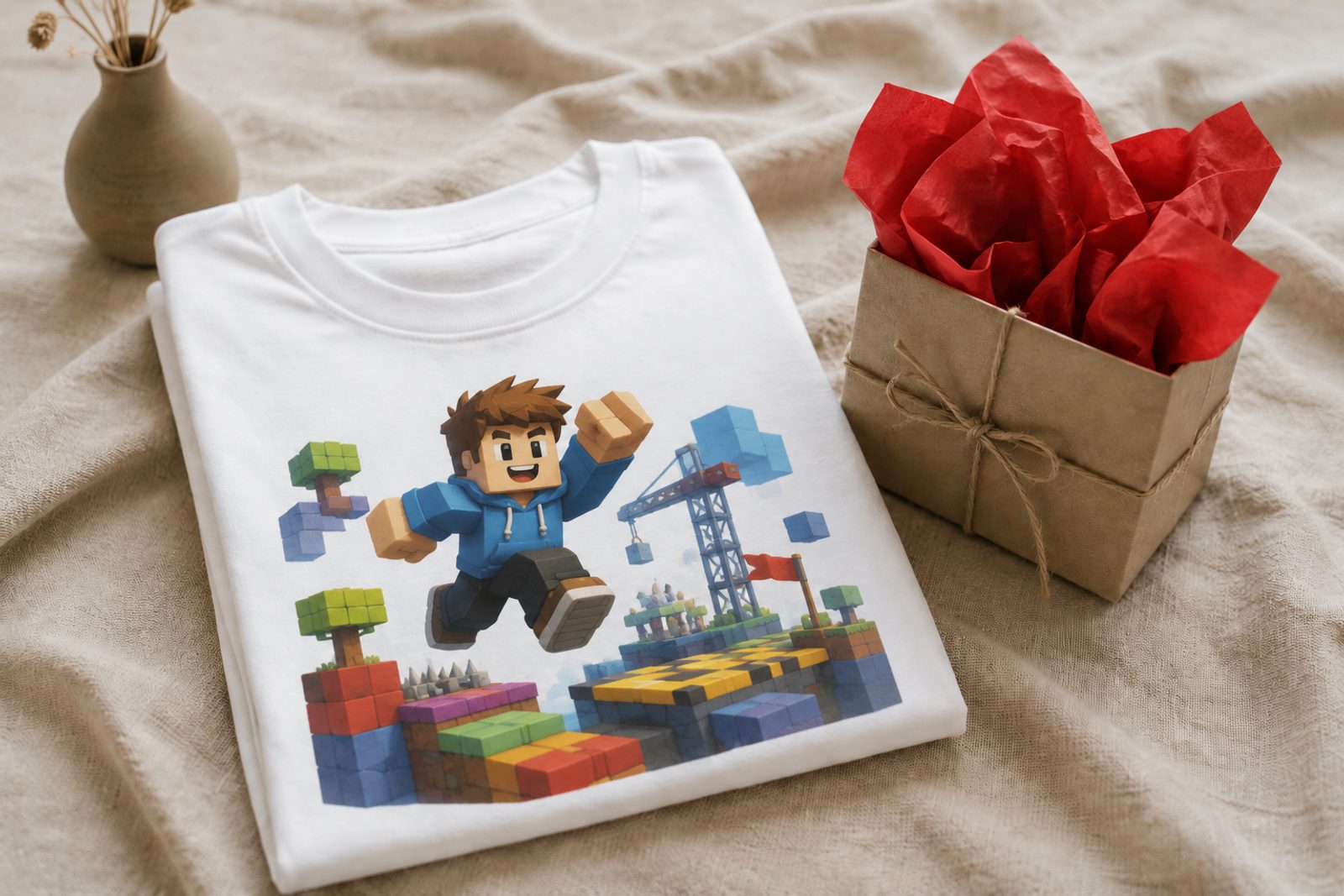 A folded BlocksShirts tee next to a gift box